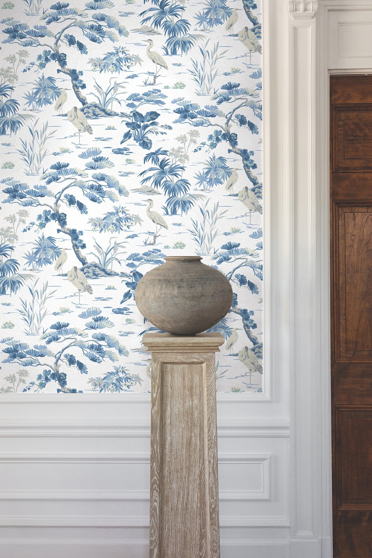 Bridgewater White Wallpaper with Blue Asian Crane Botanical Motif - York GT4533
