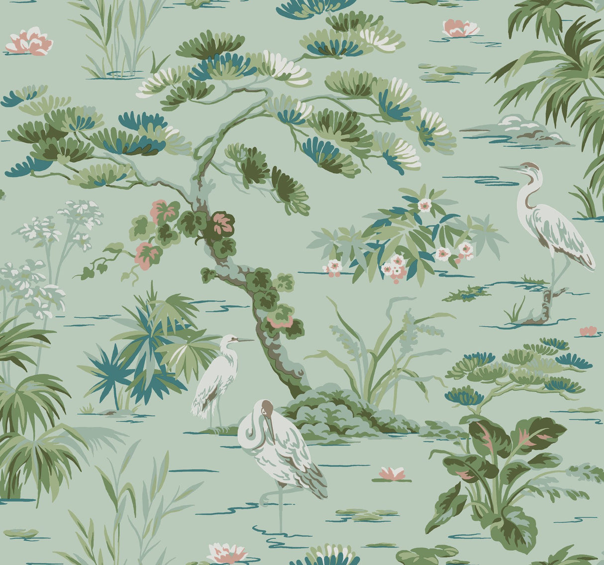 Bridgewater Mint Wallpaper with Asian Wetlands Crane Motif - York GT4534
