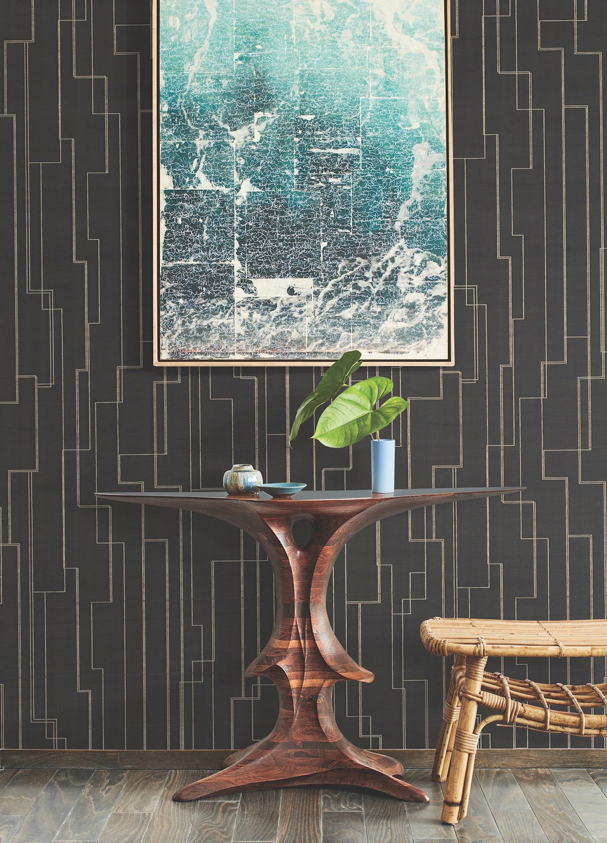 Inlay Line Black Wallpaper with Metallic Wood Veneer Geometric Pattern - York GV0256