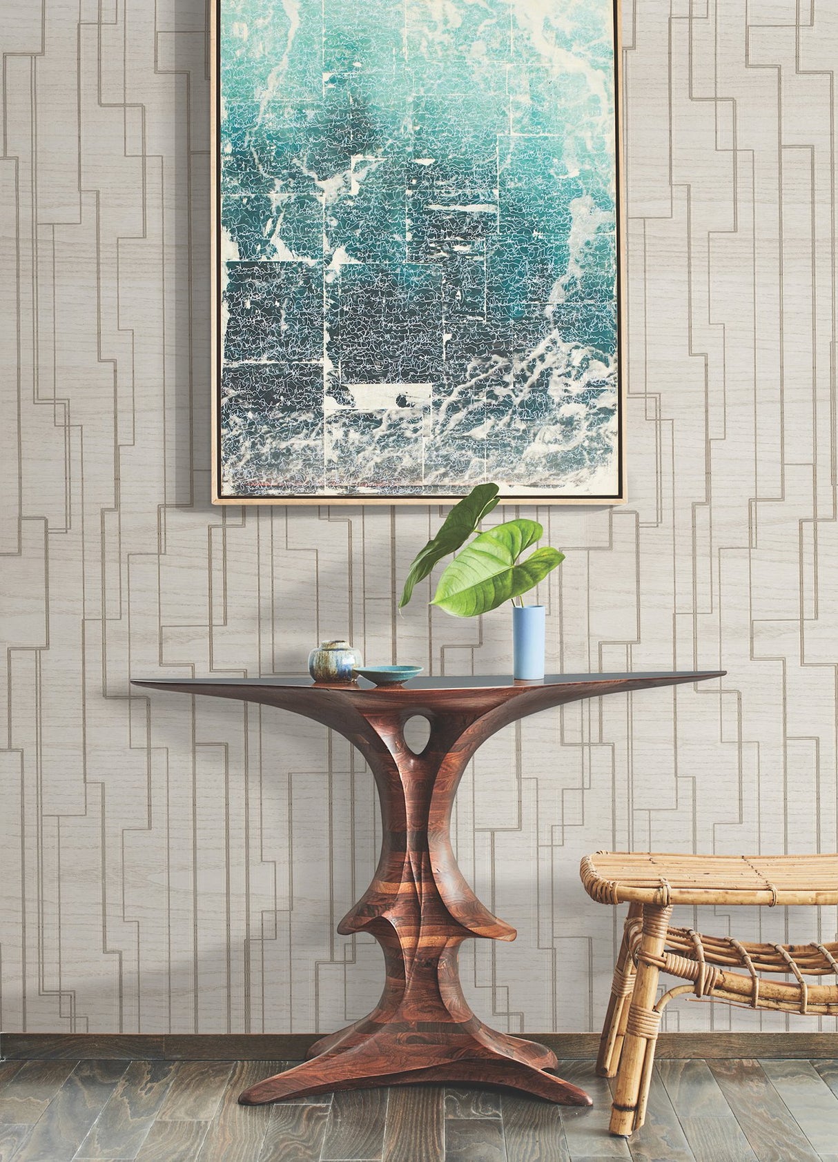Inlay Line White Wallpaper with Metallic Geometric Inlay on Wood Veneer - York GV0257