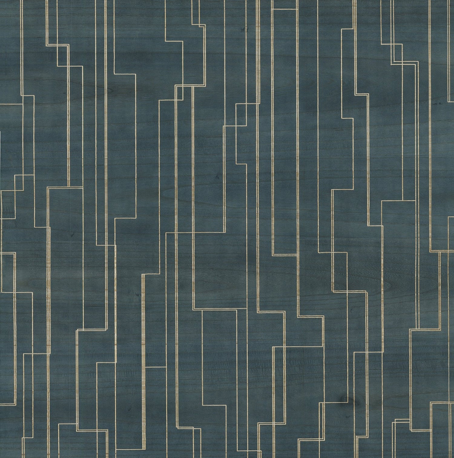 Inlay Line Peacock Blue Wood Veneer Wallpaper with Metallic Geometric Lines - York GV0258