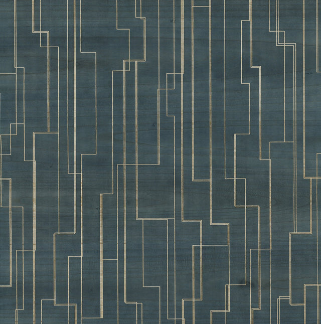 Inlay Line Peacock Blue Wood Veneer Wallpaper with Metallic Geometric Lines - York GV0258