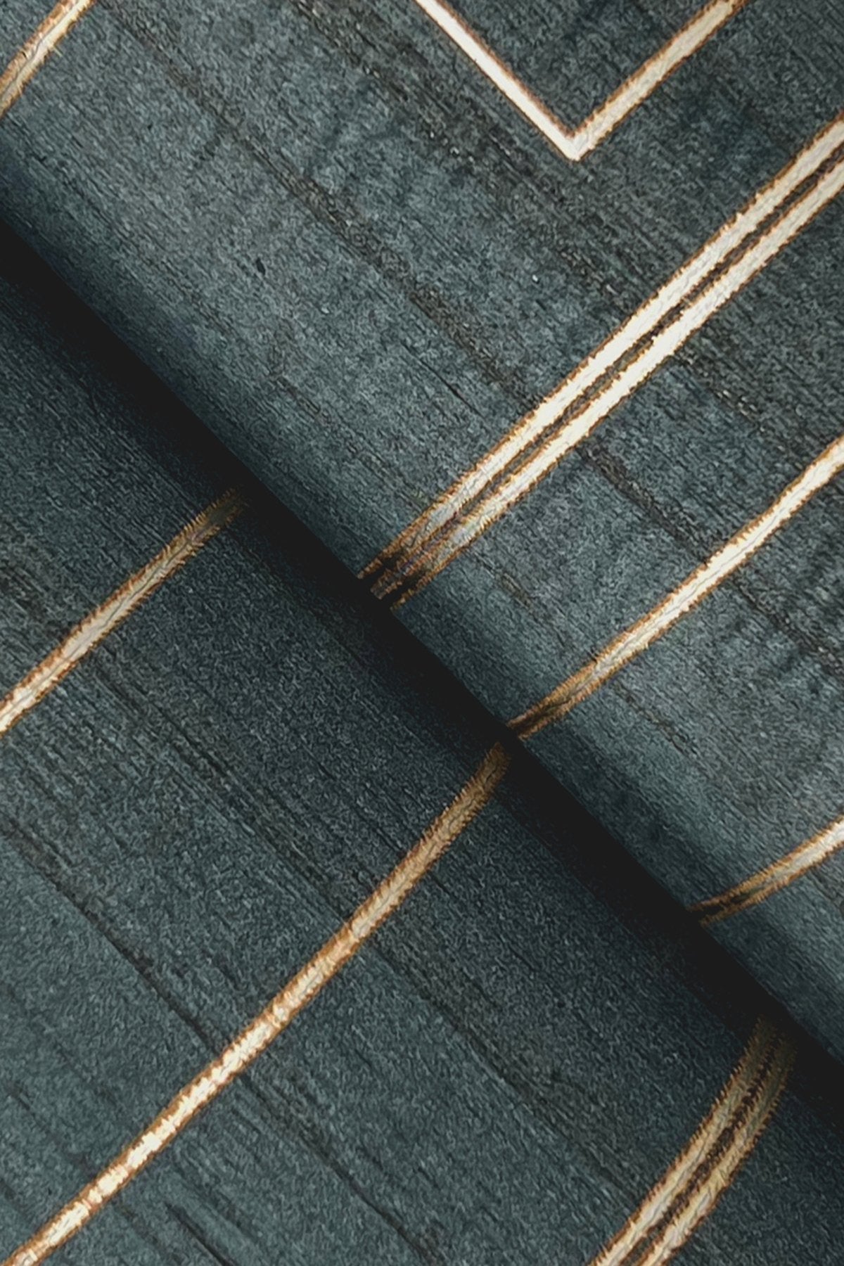 Inlay Line Peacock Blue Wood Veneer Wallpaper with Metallic Geometric Lines - York GV0258