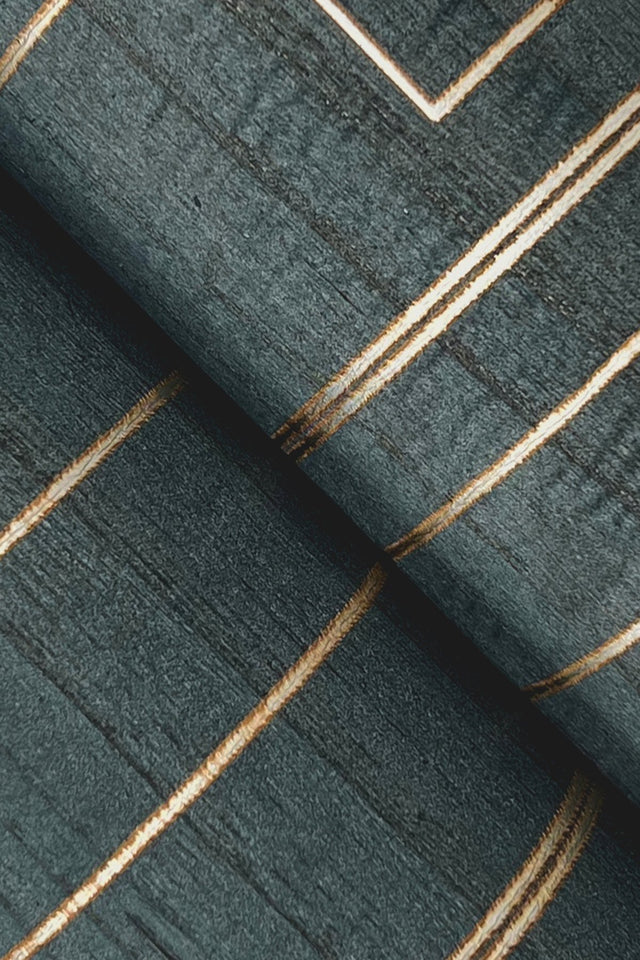 Inlay Line Peacock Blue Wood Veneer Wallpaper with Metallic Geometric Lines - York GV0258