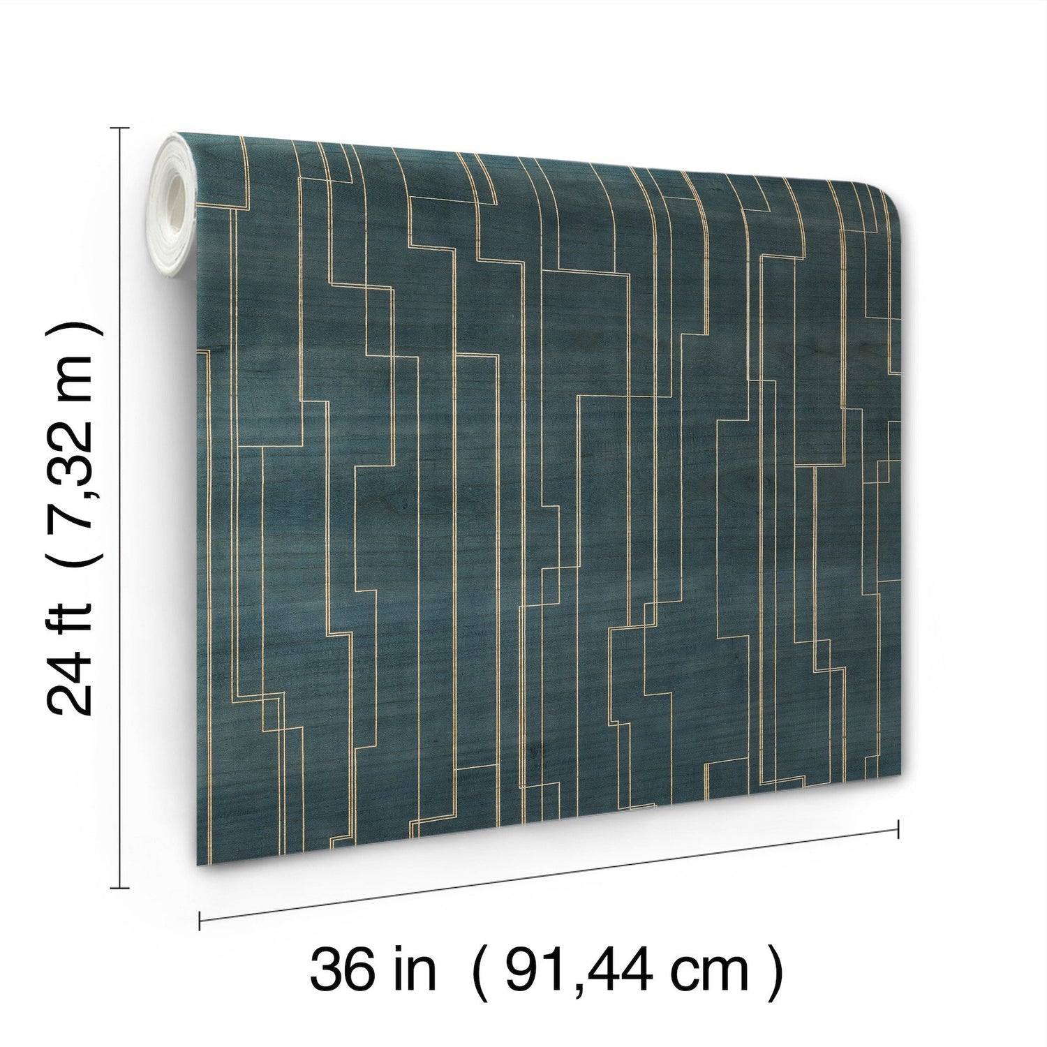 Inlay Line Peacock Blue Wood Veneer Wallpaper with Metallic Geometric Lines - York GV0258
