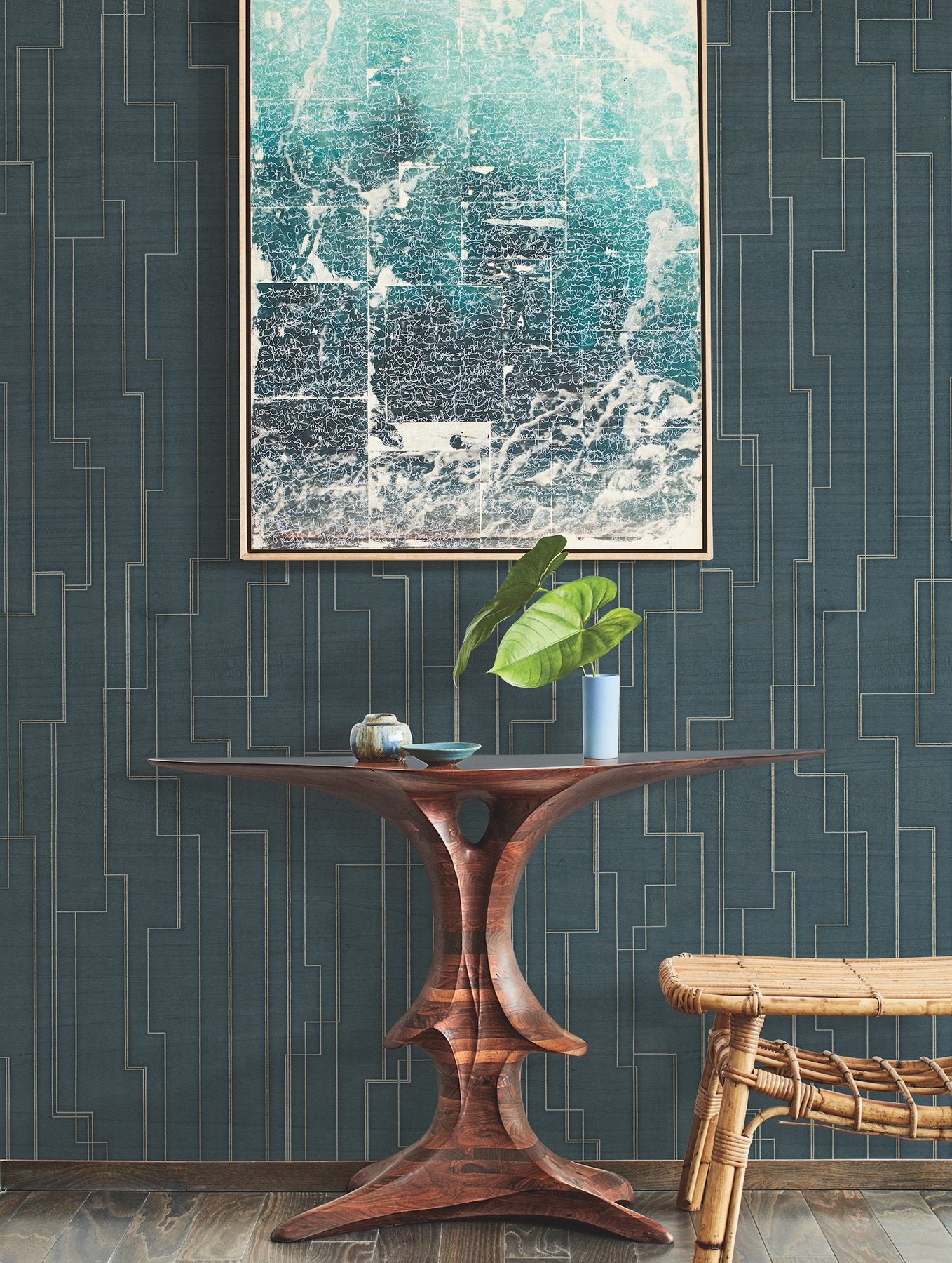 Inlay Line Peacock Blue Wood Veneer Wallpaper with Metallic Geometric Lines - York GV0258