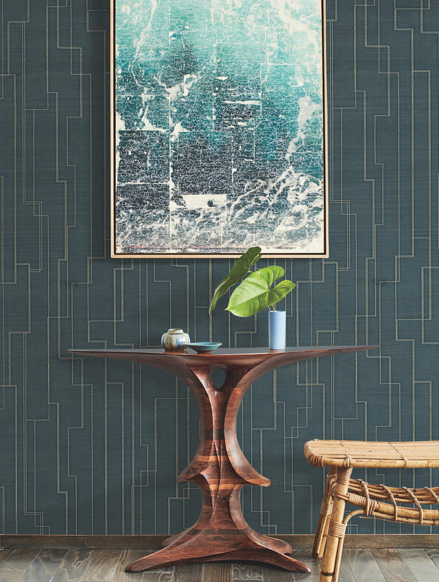 Inlay Line Peacock Blue Wood Veneer Wallpaper with Metallic Geometric Lines - York GV0258