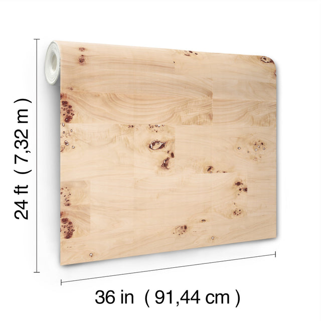 Burlwood Natural Wallpaper with Metallic Wood Veneer Feature Wall - York GV0266