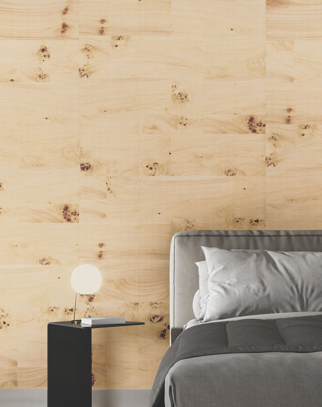 Burlwood Natural Wallpaper with Metallic Wood Veneer Feature Wall - York GV0266