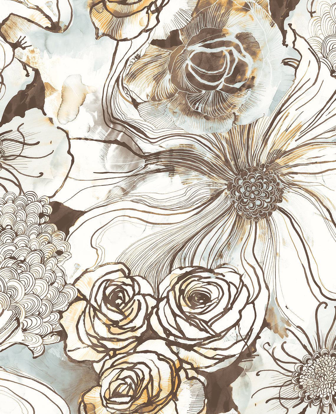 Ink Rose Mocha & Blue Mist by Harry & Grace Peel and Stick Floral Wallpaper – Harry & Grace HG10106-Sample