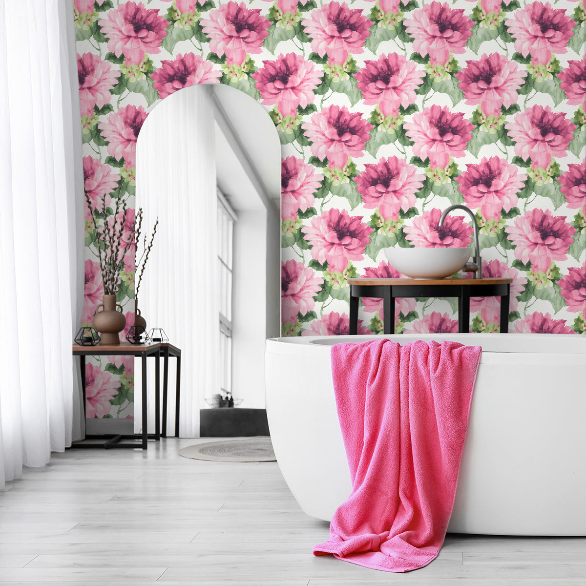 Watercolor Floral Cerise Pink & Evergreen by Harry & Grace Peel and Stick Floral Wallpaper – Harry & Grace HG10301