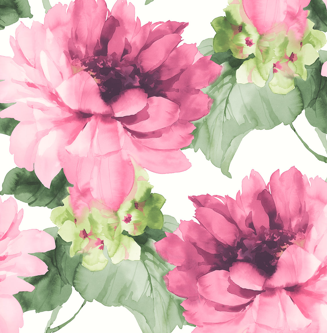 Watercolor Floral peel and stick wallpaper with cerise pink flowers and evergreen leaves