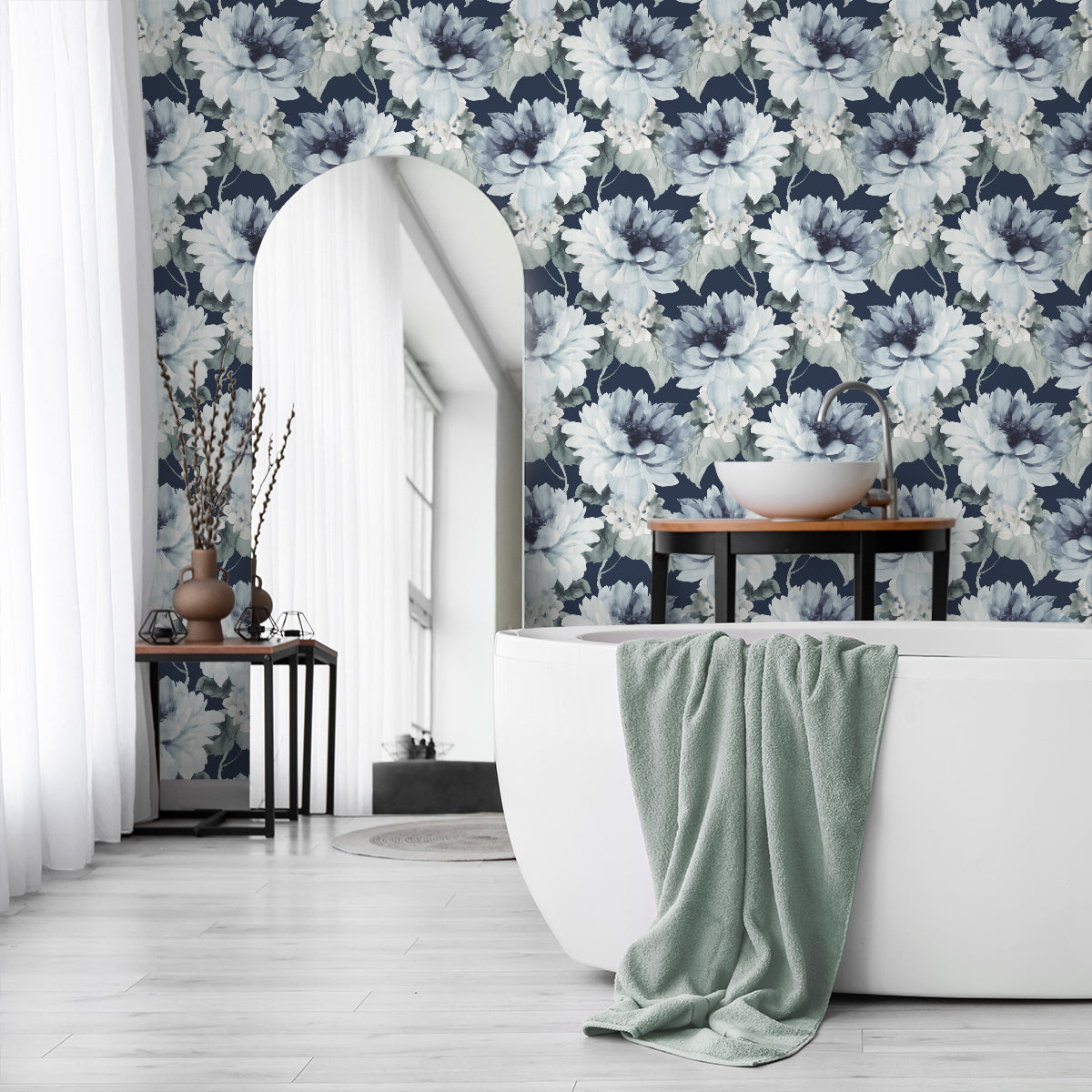 Watercolor Floral Navy Blue & Slate Green by Harry & Grace Peel and Stick Watercolor Floral Wallpaper – Harry & Grace HG10302-Sample