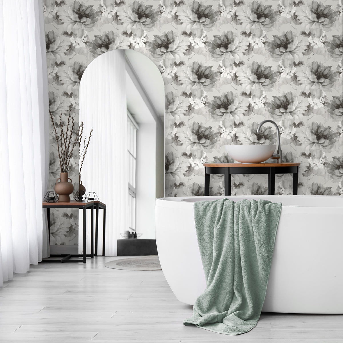 Watercolor Floral Ash & Metallic Silver by Harry & Grace Peel and Stick Floral Peel & Stick Wallpaper – Harry & Grace HG10308 -Sample
