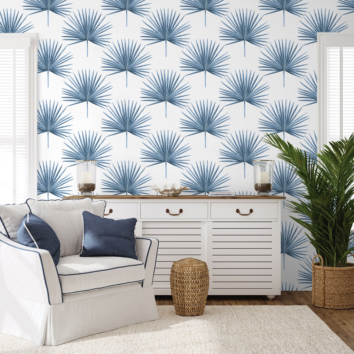 Pacific Palm Coastal Blue by Harry & Grace Peel and Stick Peel & Stick Vinyl Wallpaper – Harry & Grace HG10402