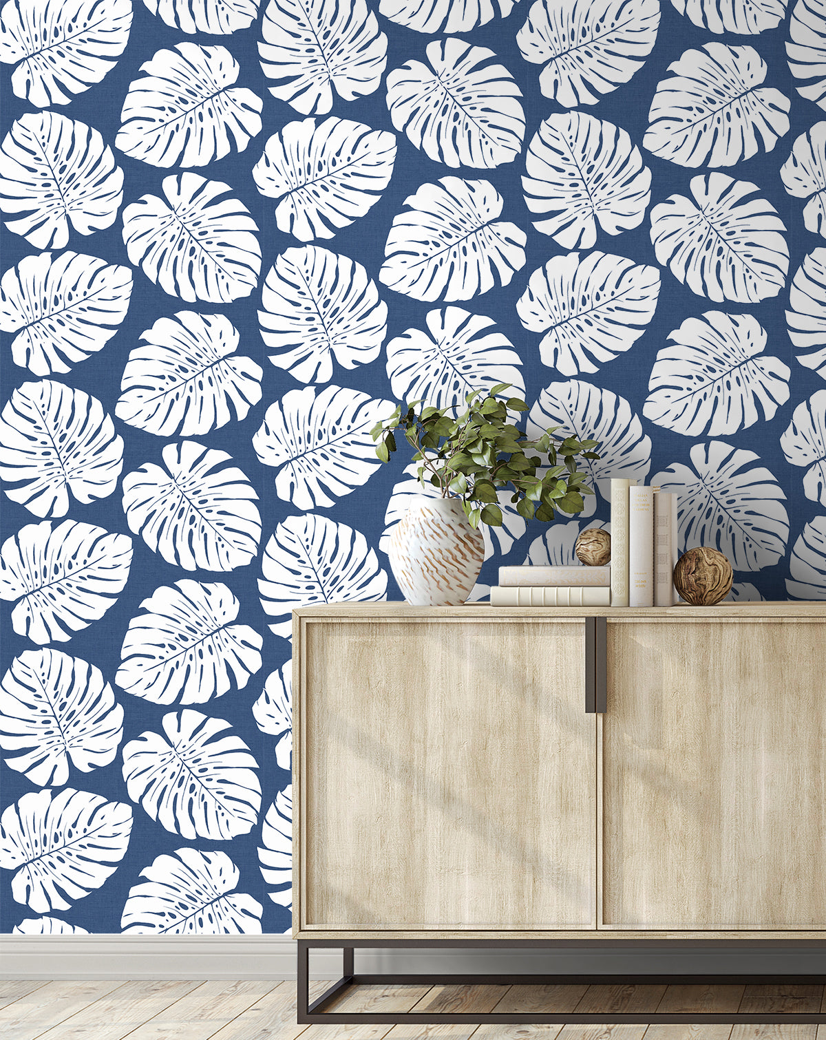 Monstera Leaf Blue by Harry & Grace Peel and Stick Tropical Botanical Wallpaper – Harry & Grace HG10502