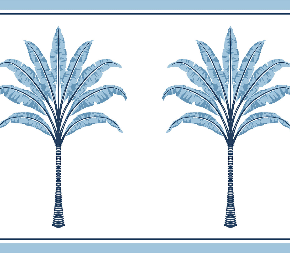Montgomery Palm Border in Blue Lake with repeating palm tree motif and coordinating blue stripes