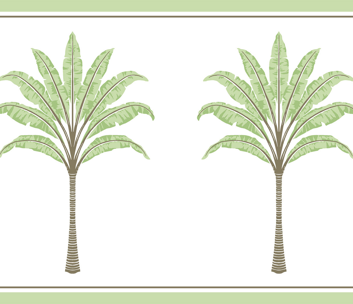 Montgomery Palm peel and stick border wallpaper in Green Tea featuring repeating palm trees with green fronds and striped trunks.