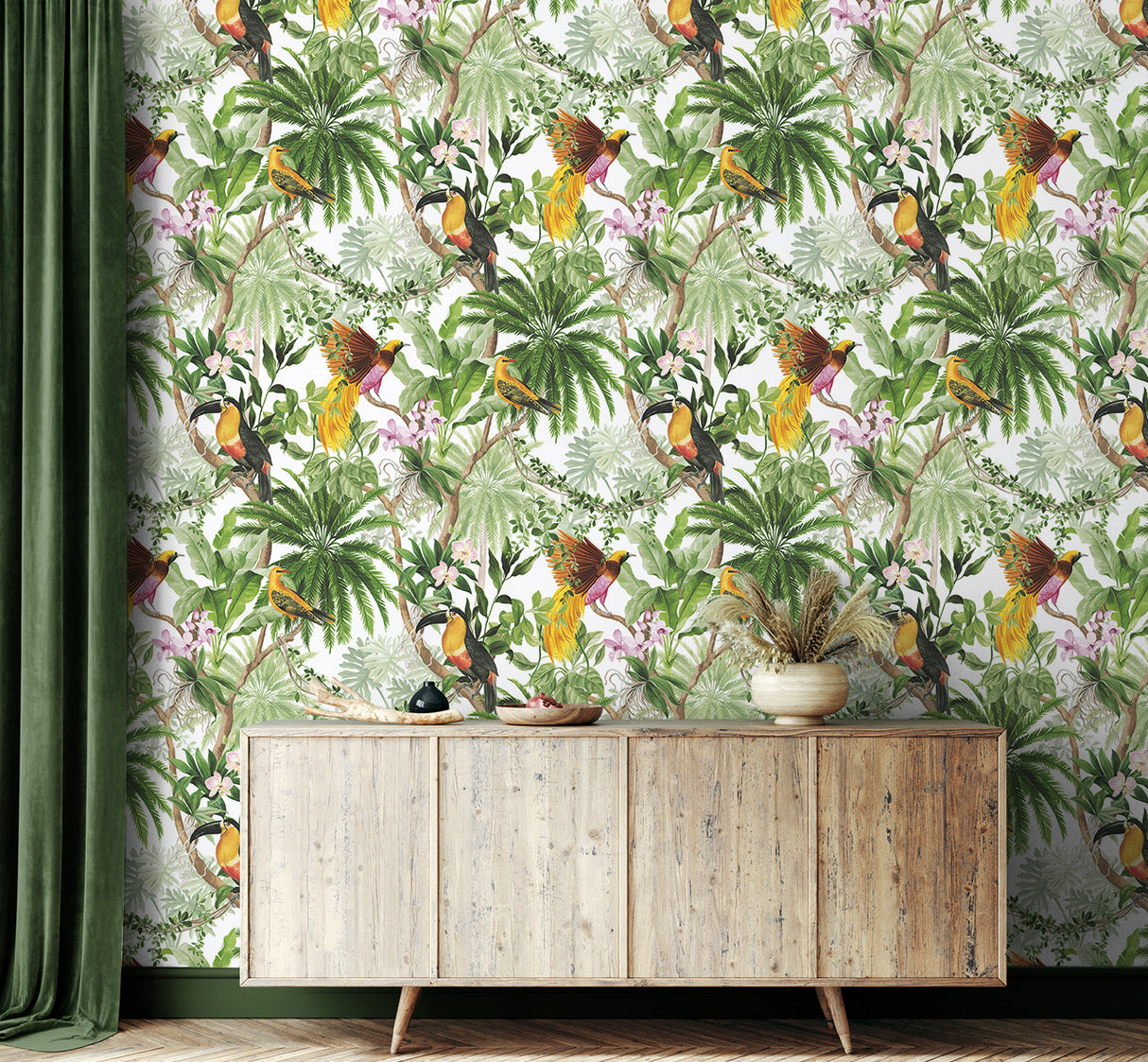Tropical Bird White by Harry & Grace Peel and Stick Peel & Stick Wallpaper – Harry & Grace HG10900