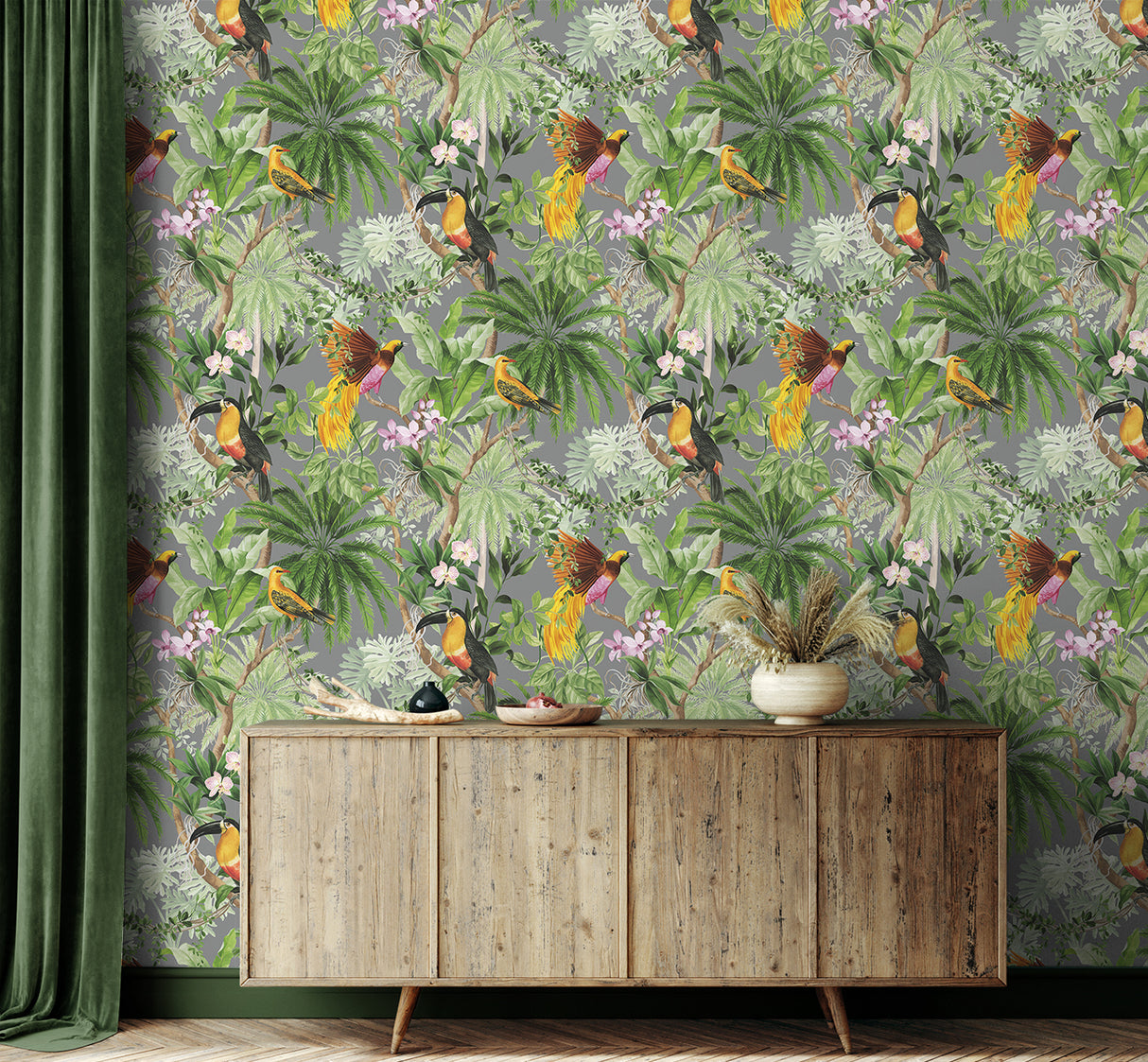 Tropical Bird Grey by Harry & Grace Peel and Stick Tropical Bird Wallpaper – Harry & Grace HG10908