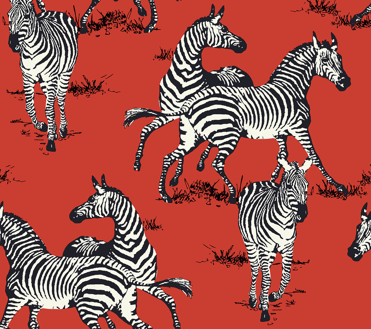 Playful Zebras peel and stick wallpaper in red with black-and-white zebra illustrations