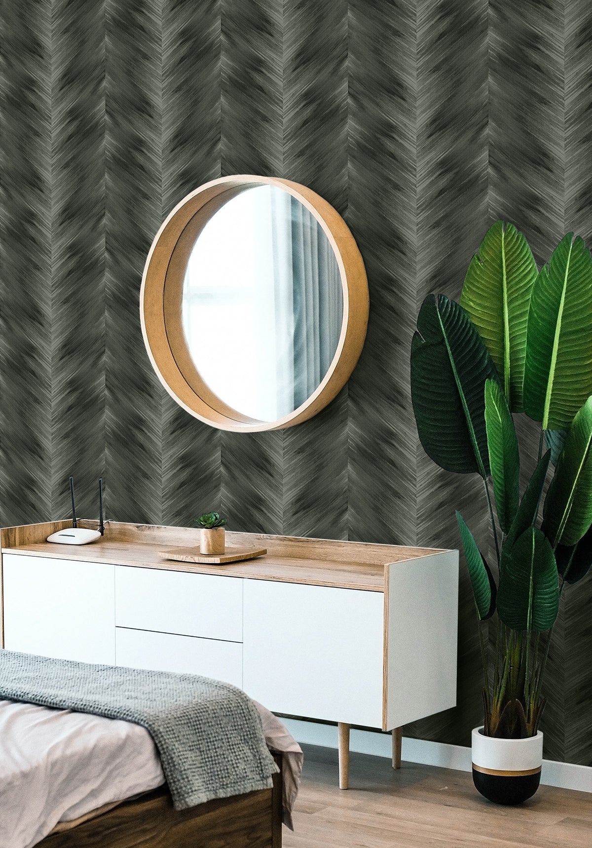 Washed Chevron Charcoal by Harry & Grace Peel and Stick Satin Vinyl Peel & Stick Wallpaper – Harry & Grace HG11700