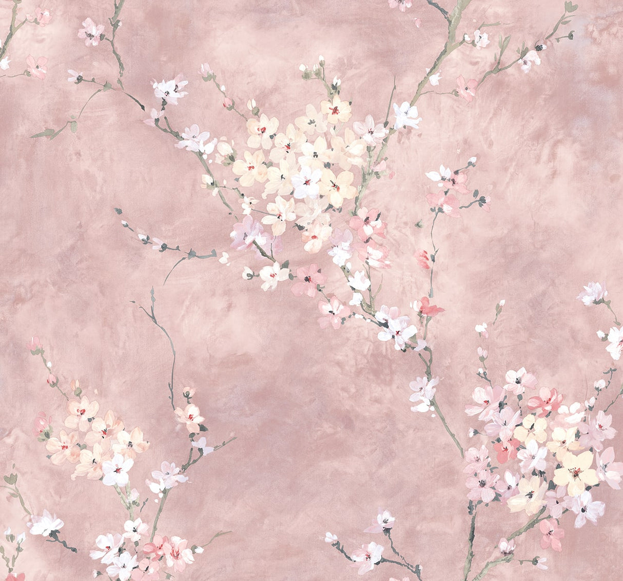 Floral Blossom peel and stick wallpaper in Dusty Rose with soft blossom branches on a satin finish.