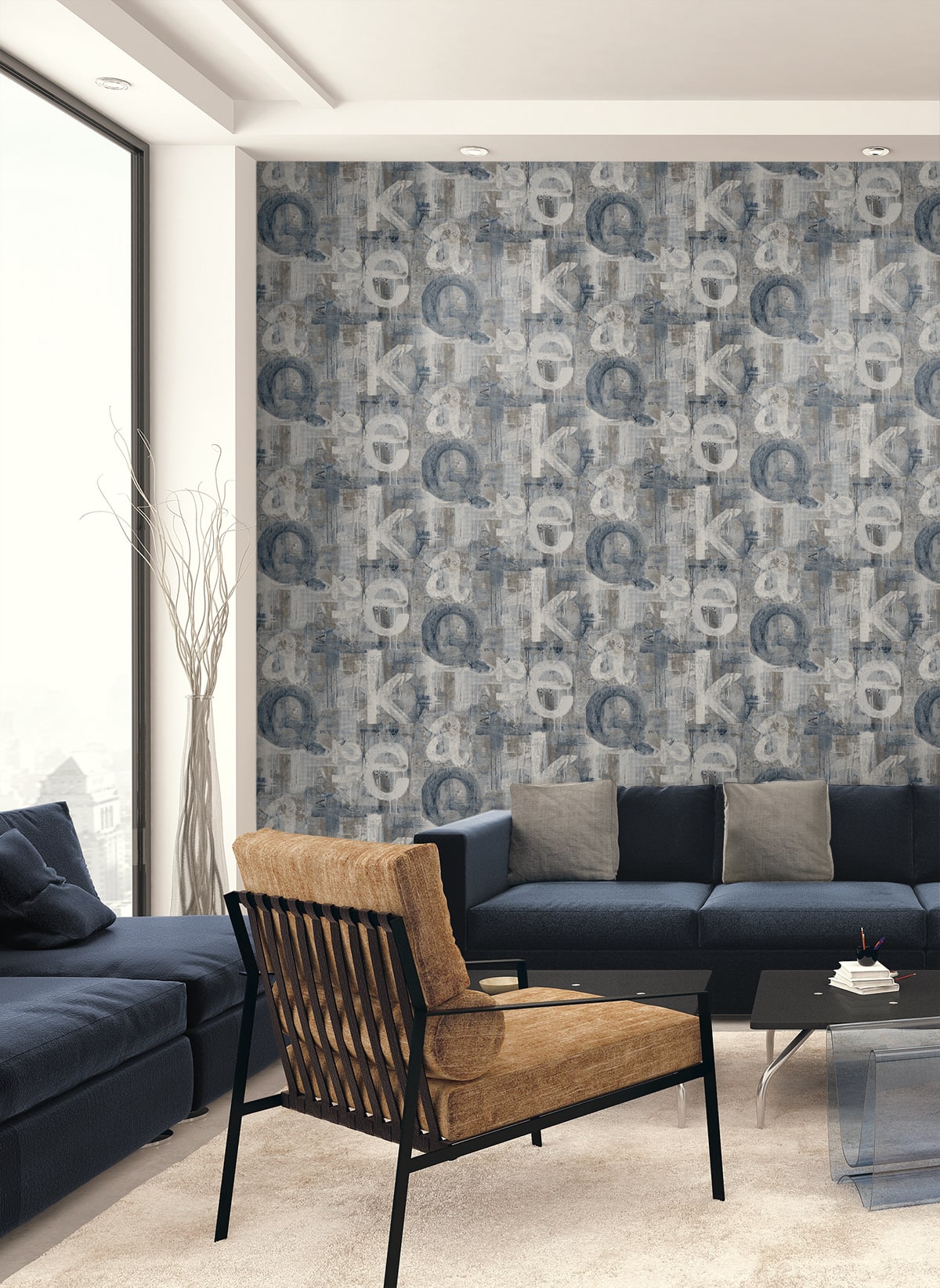 Graphic Letters Steel Blue & Mocha by Harry & Grace Peel and Stick Abstract Wallpaper – Harry & Grace HG12002
