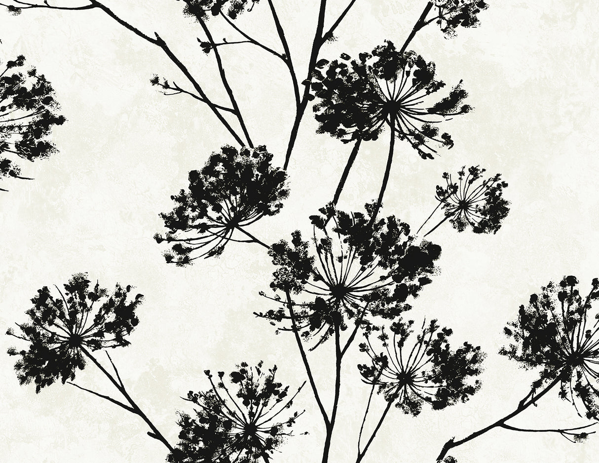 Black dandelion floral silhouette peel and stick wallpaper on an ivory background (Ebony colorway).