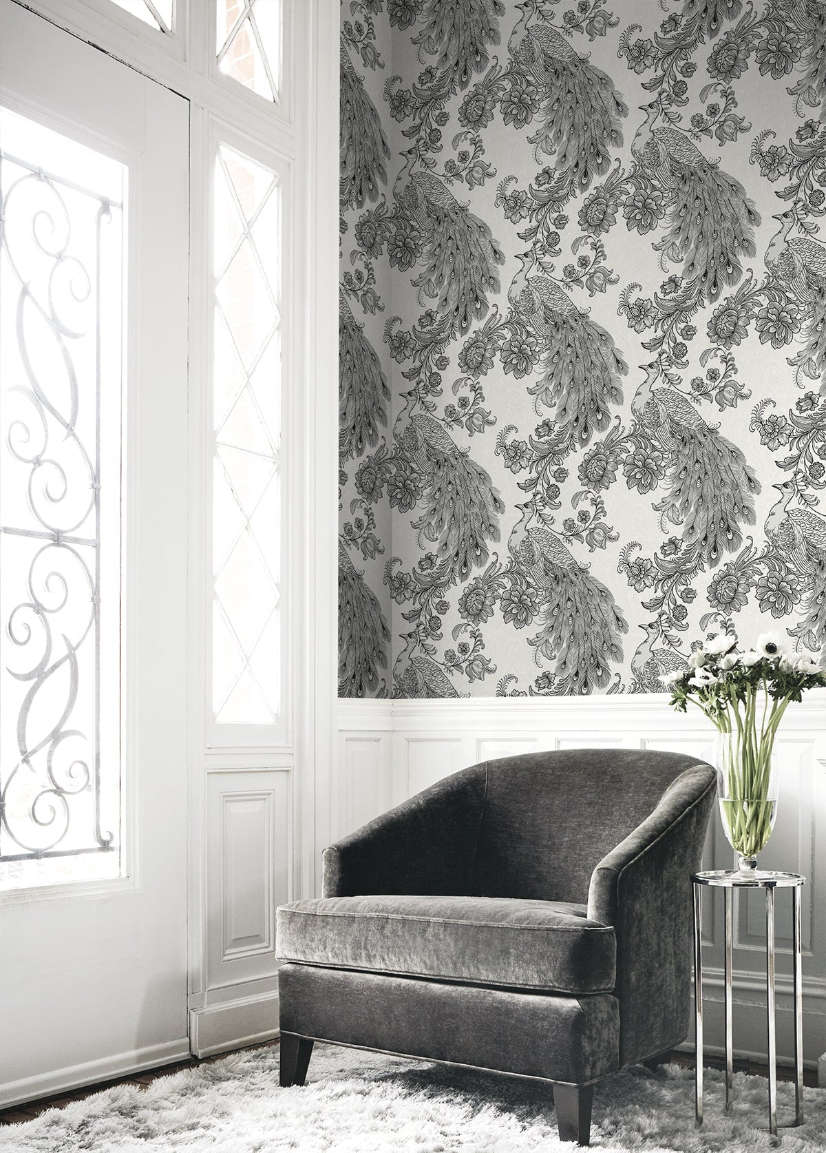 Peacock Ivory & Ebony by Harry & Grace Peel and Stick Peacock Wallpaper – Harry & Grace HG12200NG
