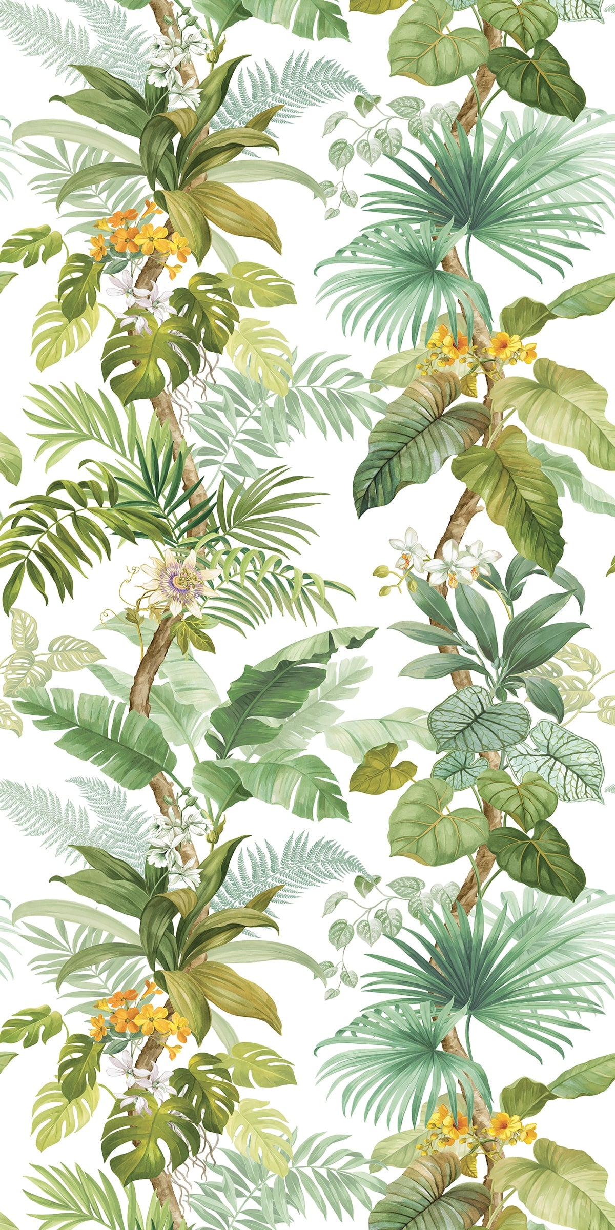 Tropical Leaf Trail peel and stick wall mural with green tropical foliage and white background