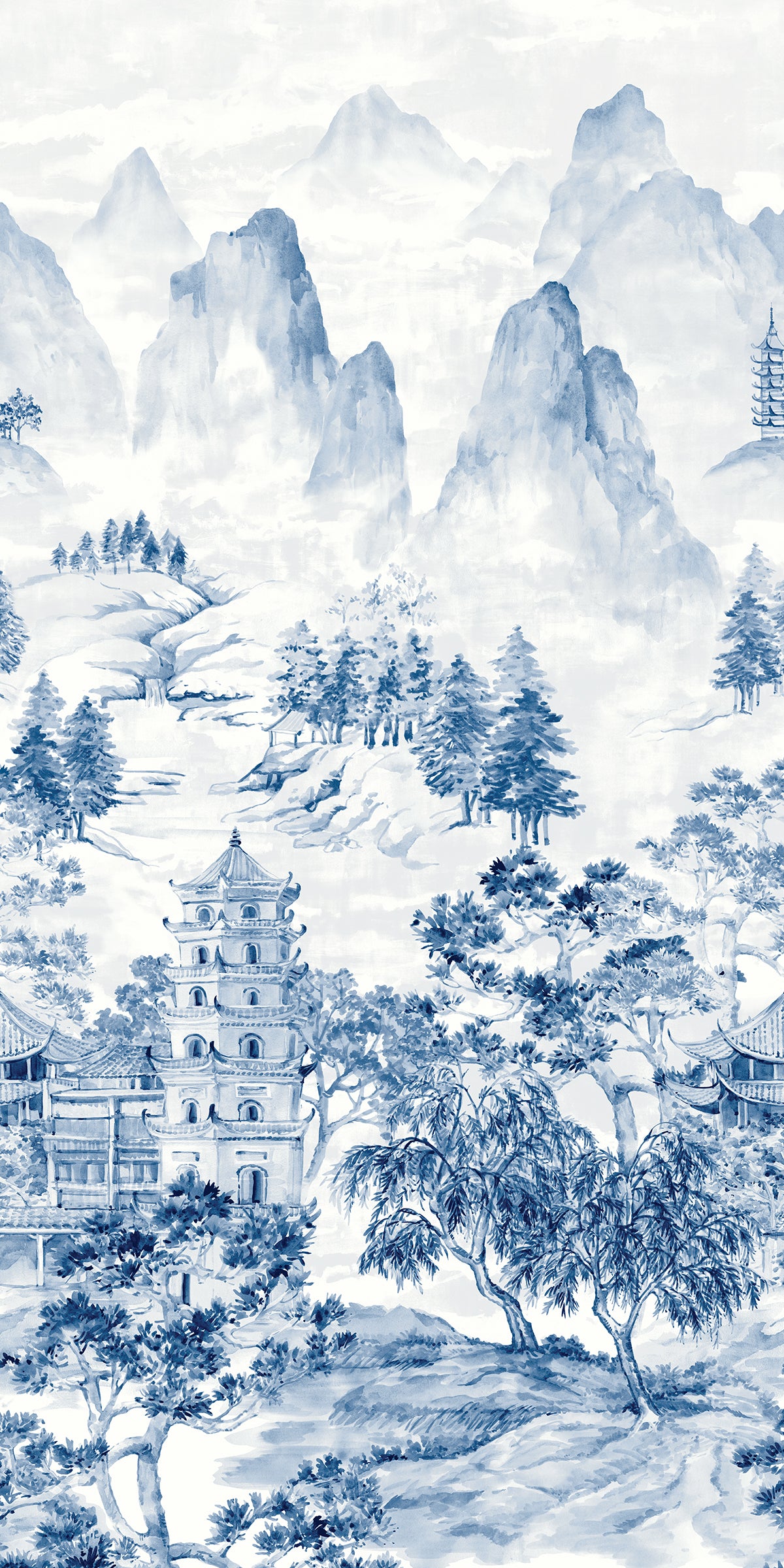 Misty Mountain Scenic Mural in bluestone tones featuring misty mountains, trees, and pagoda architecture