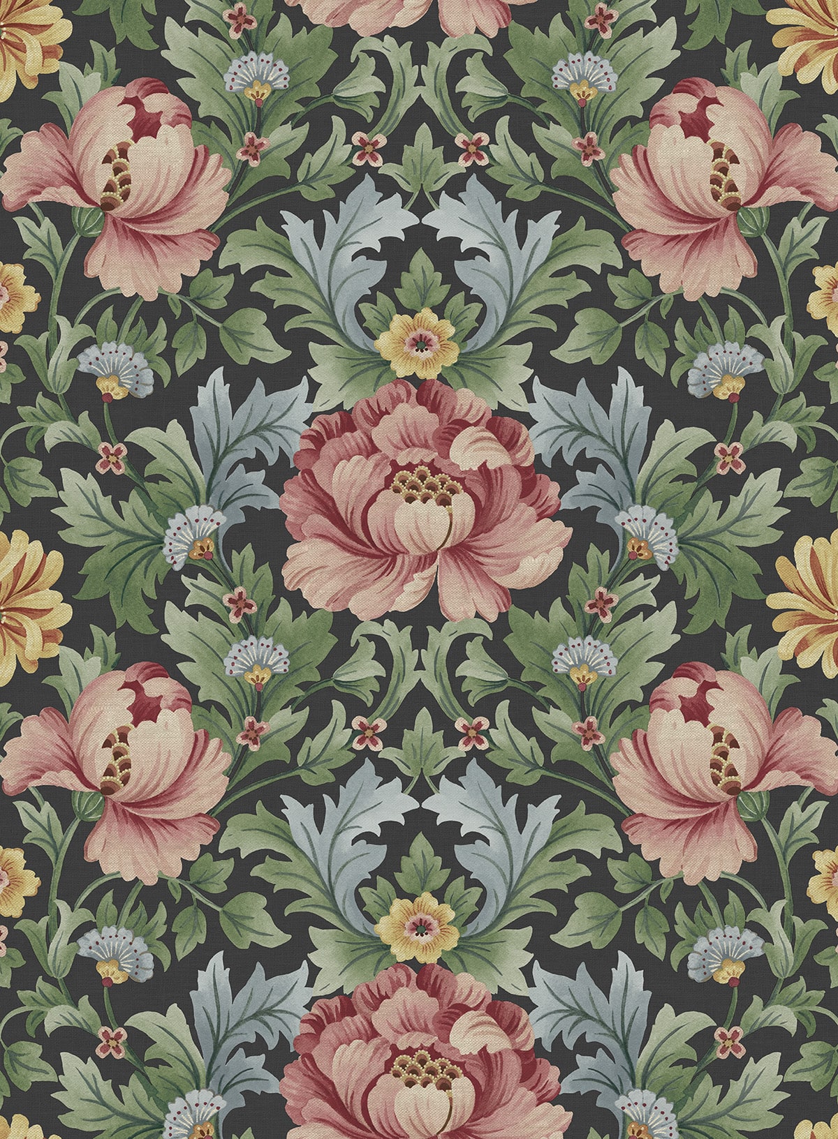 Floral Garden peel and stick wallpaper in Rose & Fern with vintage floral motif on a dark ground