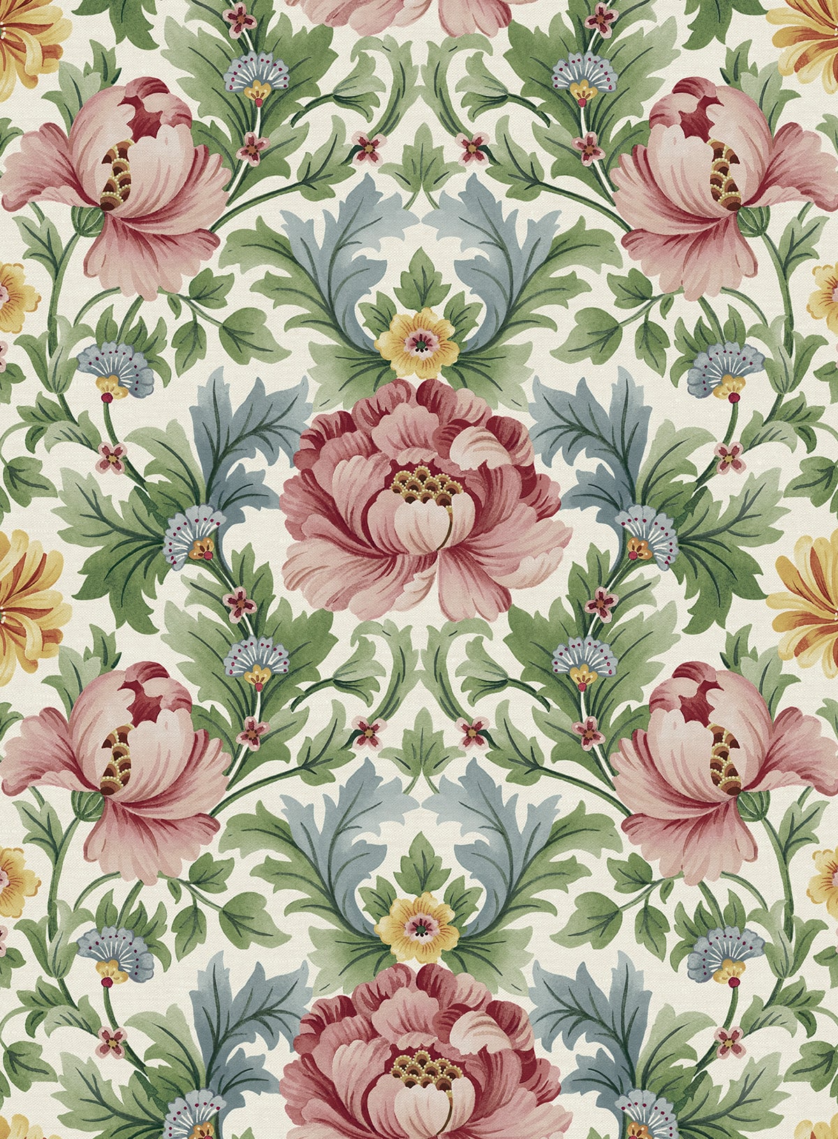 Vintage floral peel and stick wallpaper with large pink blooms, green leaves, and soft yellow accents on an off-white ground.