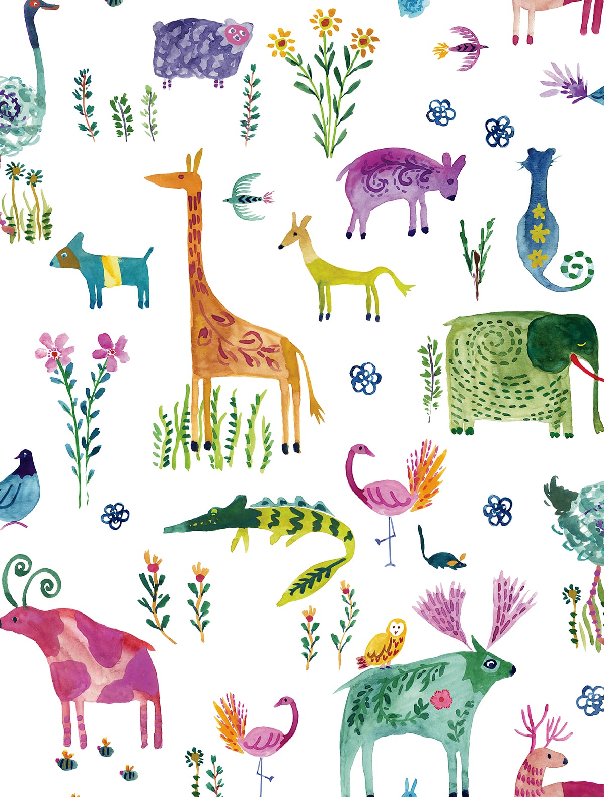 Watercolor animals and floral motif peel and stick wallpaper in off-white