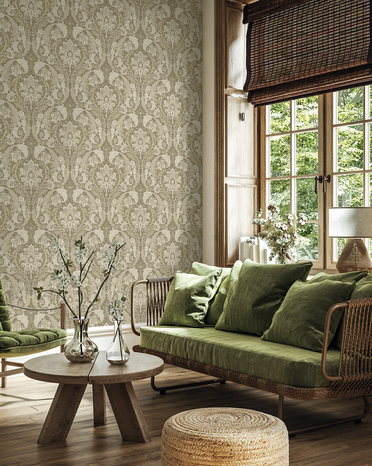Thornton Vintage Damask Latte by Harry & Grace Peel and Stick Damask Wallpaper – Harry & Grace HG12905