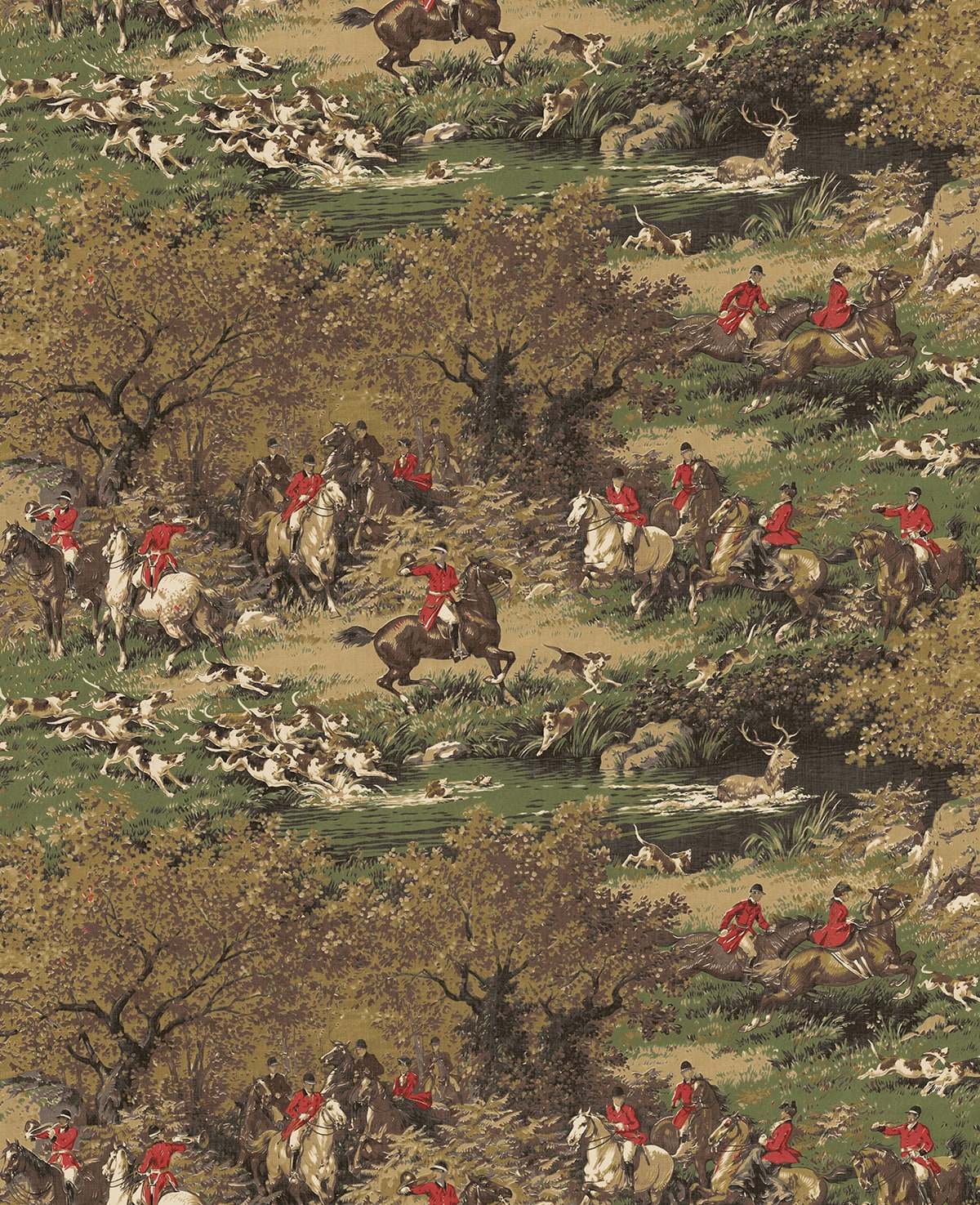 Traditional scenic hunt scene peel and stick wallpaper in chestnut and rosemary tones.