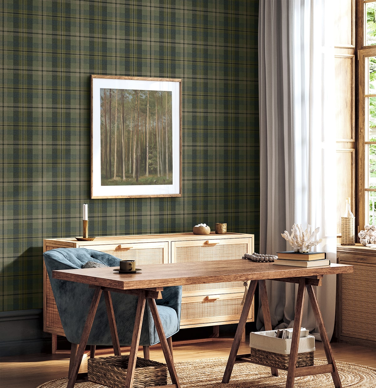 Thornbury Tailored Plaid Greenery by Harry & Grace Peel and Stick Peel & Stick Plaid Wallpaper – Harry & Grace HG13104 -Sample