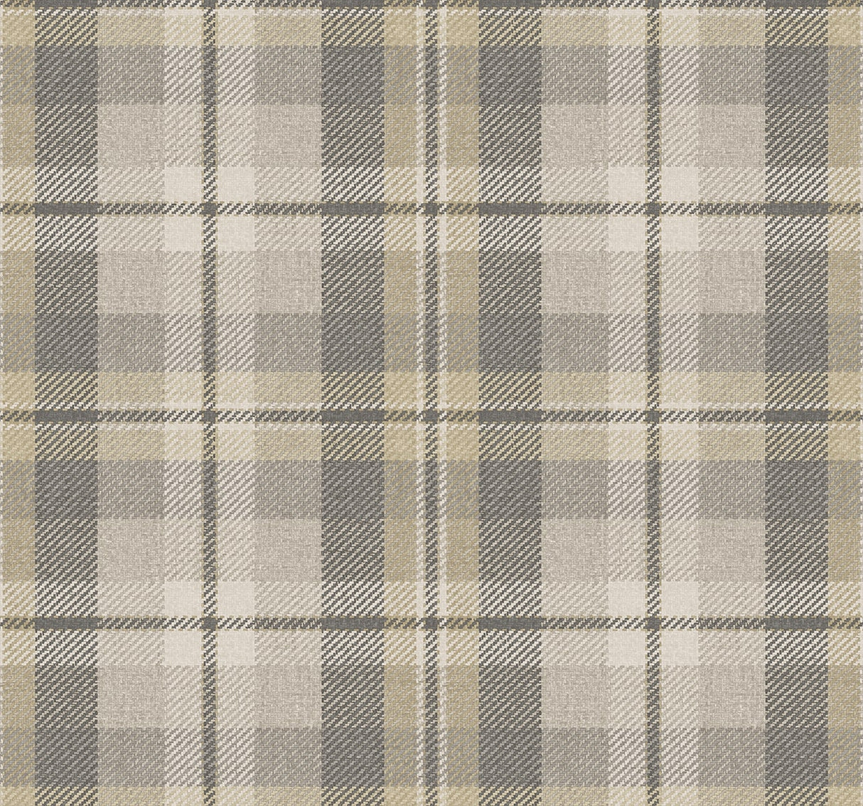 Traditional tailored plaid peel and stick wallpaper in grey and warm neutral tones (Pavestone colorway).