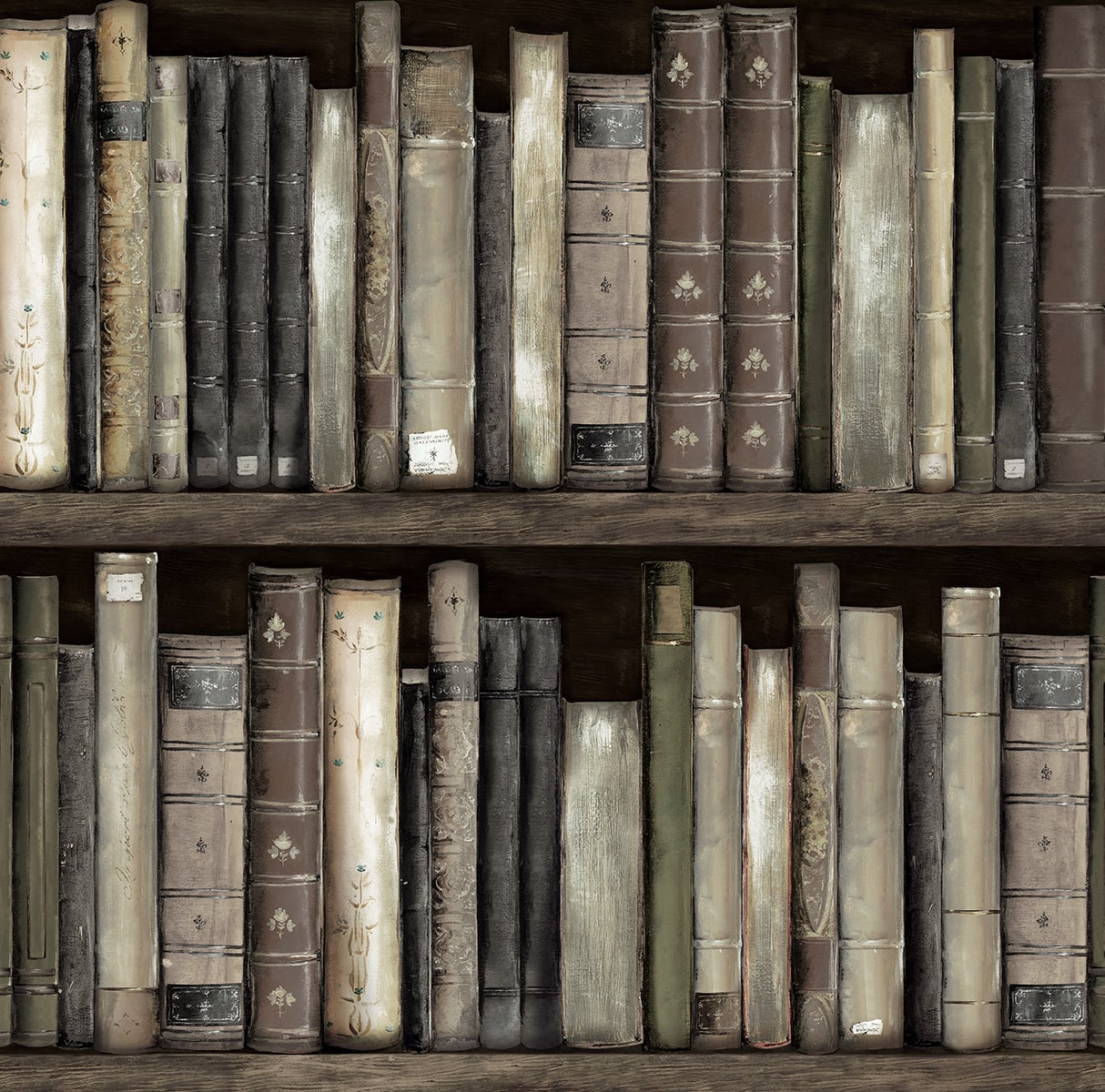 Faux Bookshelves peel and stick wallpaper pattern in shale brown tones with illustrated vintage books on shelves