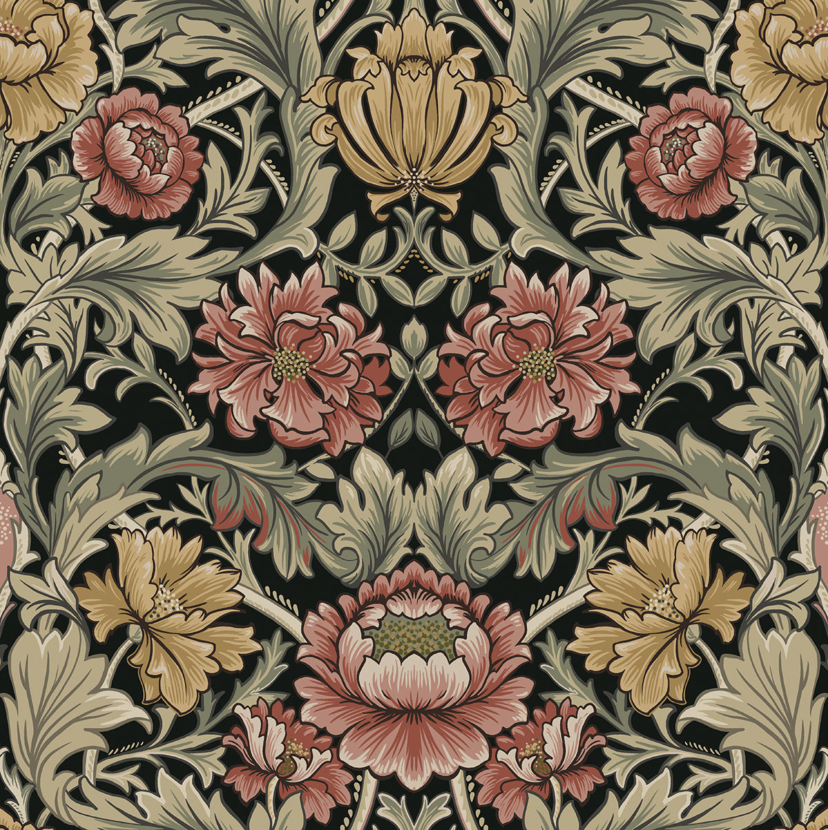 Acanthus Floral Cameo peel and stick wallpaper in ebony with vintage floral and acanthus foliage pattern