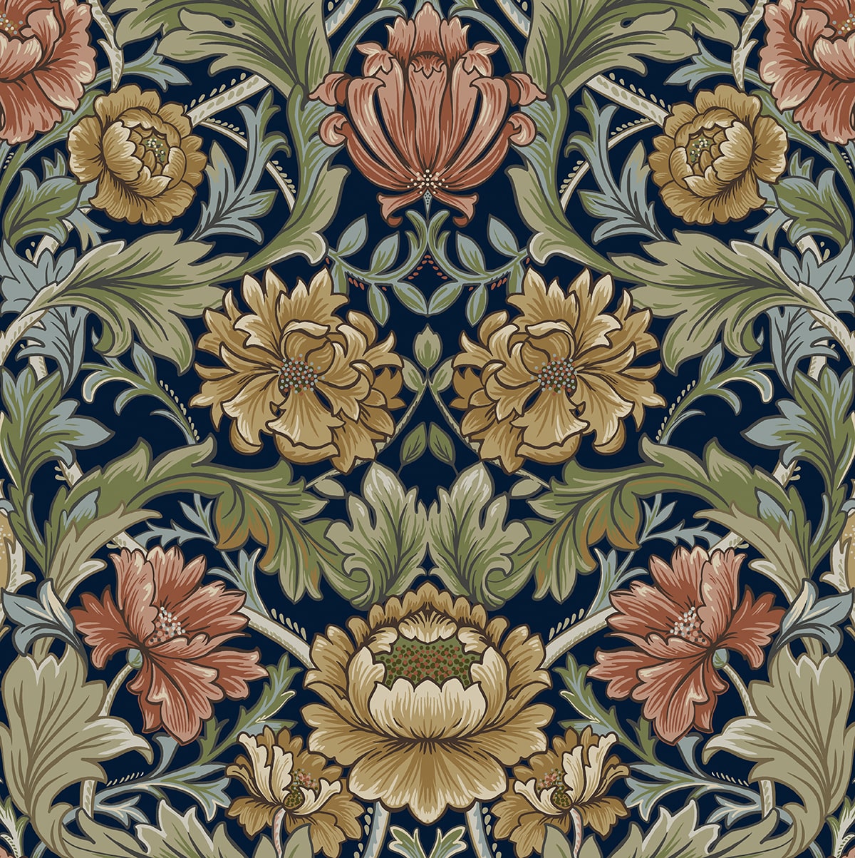 Acanthus Floral Cameo peel and stick wallpaper in dark blue with vintage acanthus florals and scrolling foliage