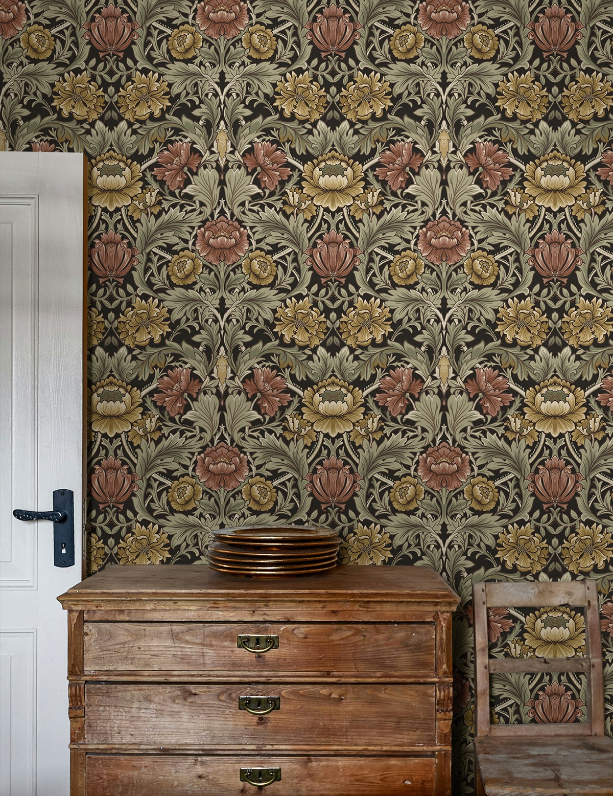 Acanthus Floral Cameo Espresso by Harry & Grace Peel and Stick Vintage Floral Peel & Stick Wallpaper – Harry & Grace HG14006