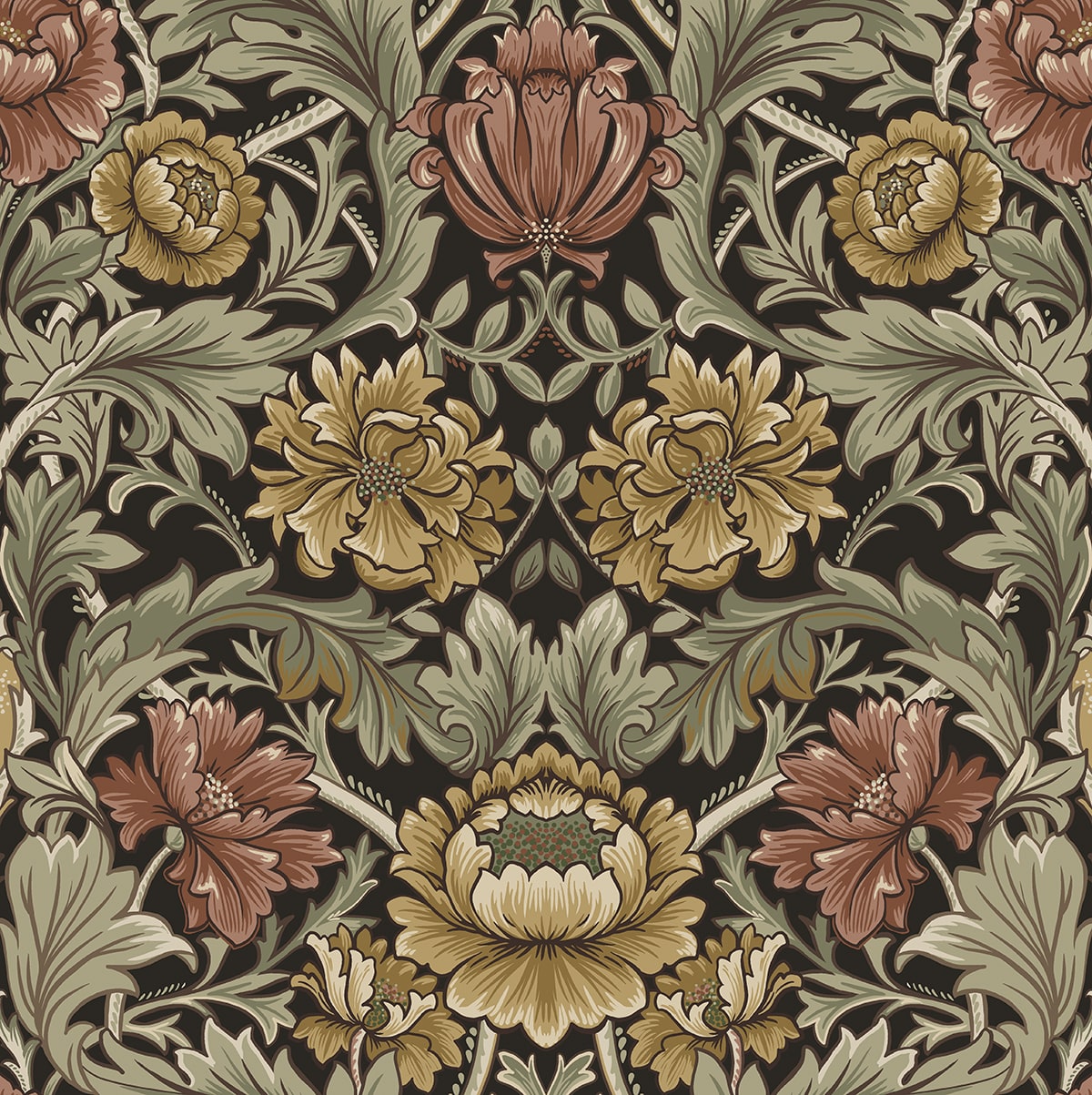 Vintage acanthus floral peel and stick wallpaper in espresso brown with green foliage
