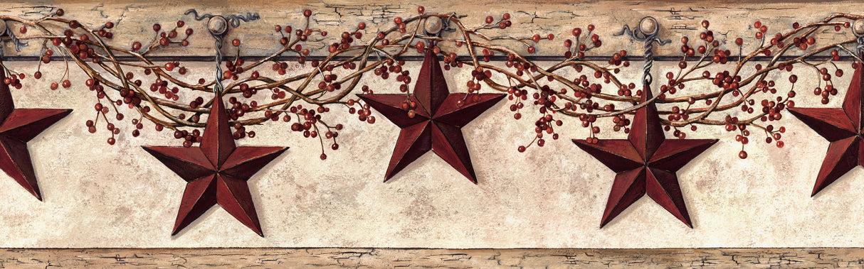 Hanging Star Off White & Khaki Wallpaper Border with Country Red Star and Berry Motif - York HK4664BD