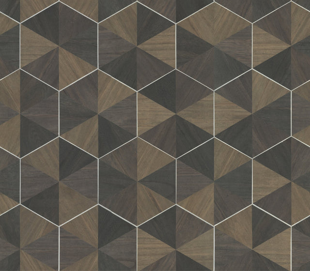 Hexagram Wood Veneer Smoke Wallpaper with Metallic Feature Wall Geometric Pattern - York HO2103GV