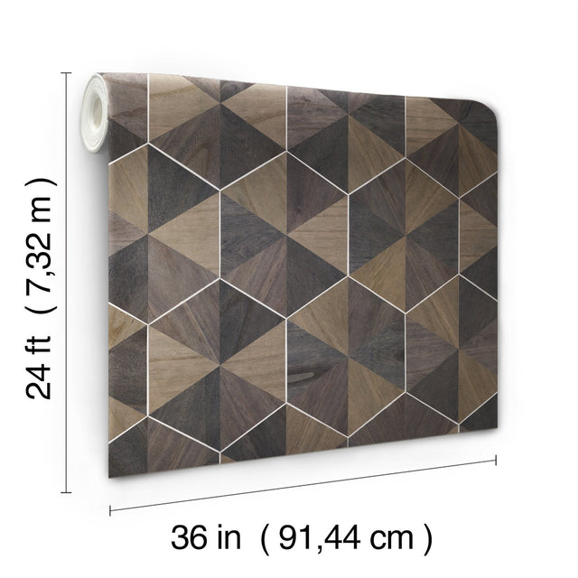 Hexagram Wood Veneer Smoke Wallpaper with Metallic Feature Wall Geometric Pattern - York HO2103GV