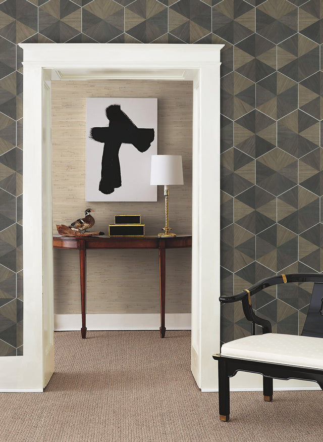 Hexagram Wood Veneer Smoke Wallpaper with Metallic Feature Wall Geometric Pattern - York HO2103GV