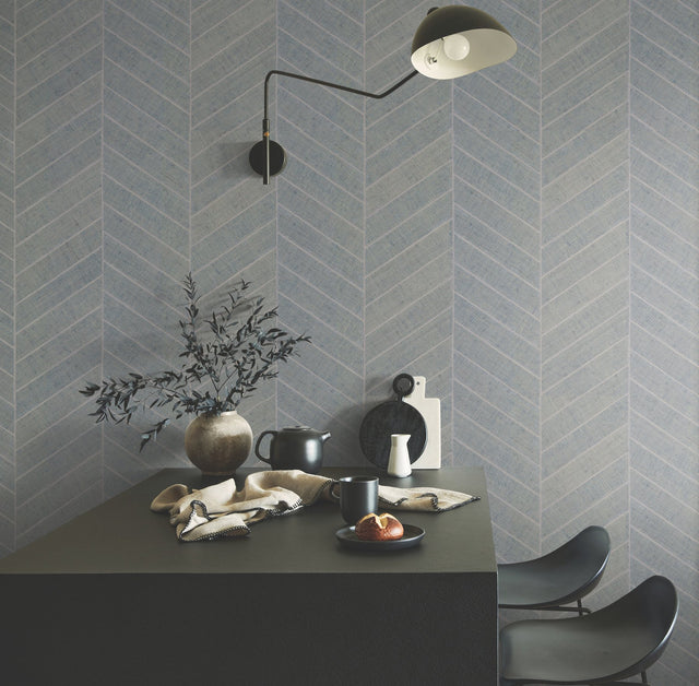 Atelier Herringbone Lagoon Wallpaper with Metallic Raffia Grasscloth Feature Wall - York HO2106GV