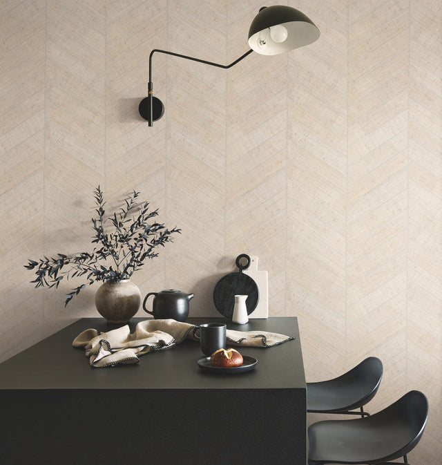 Atelier Herringbone White Wallpaper with Metallic Raffia Grasscloth Feature Wall - York HO2108GV
